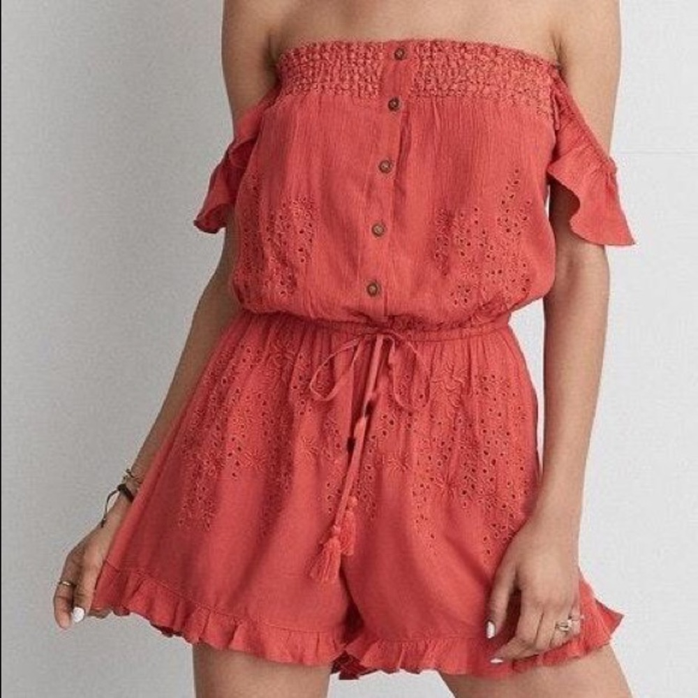 2/$35 — AMERICAN EAGLE Embroidered Romper with Ruffle Hem